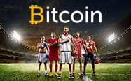 The Bitcoin logo over five footballers standing on a pitch