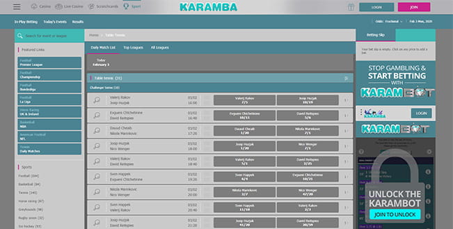 Karamba in-play table tennis platform