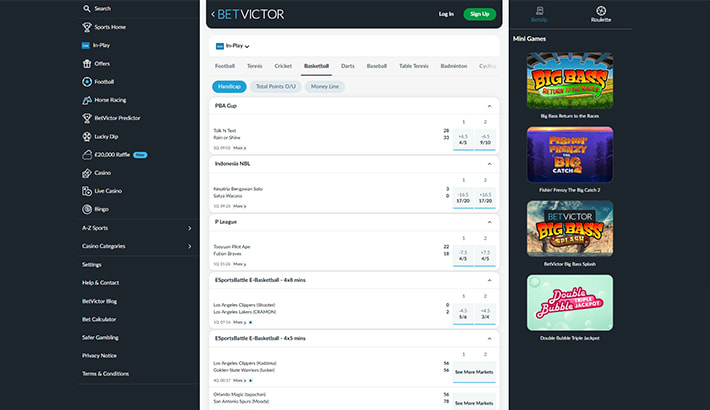 The in-play section from betvictor shows all current games and bets