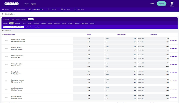 Casumo sports in-play schedule