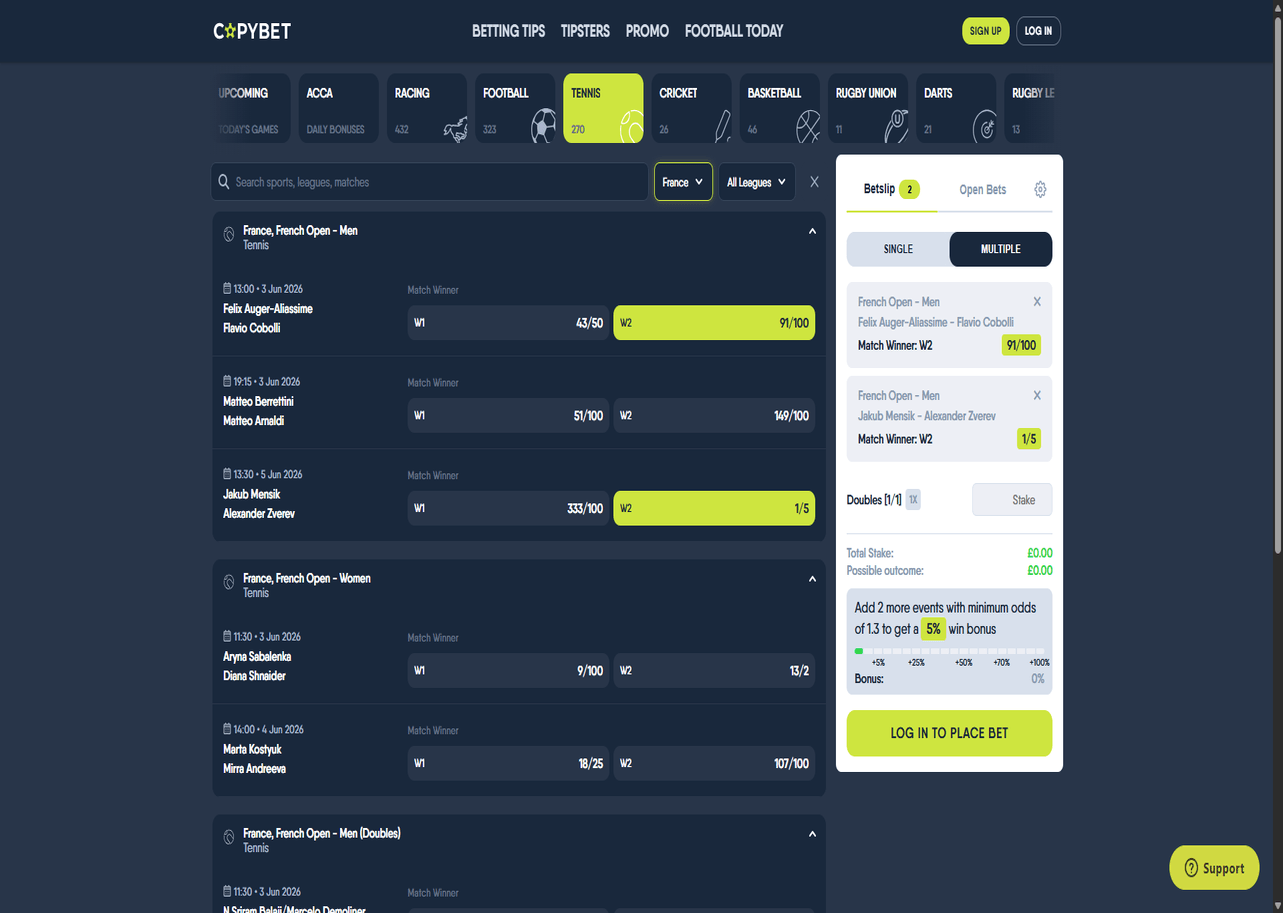 CopyBet tennis betting homepage