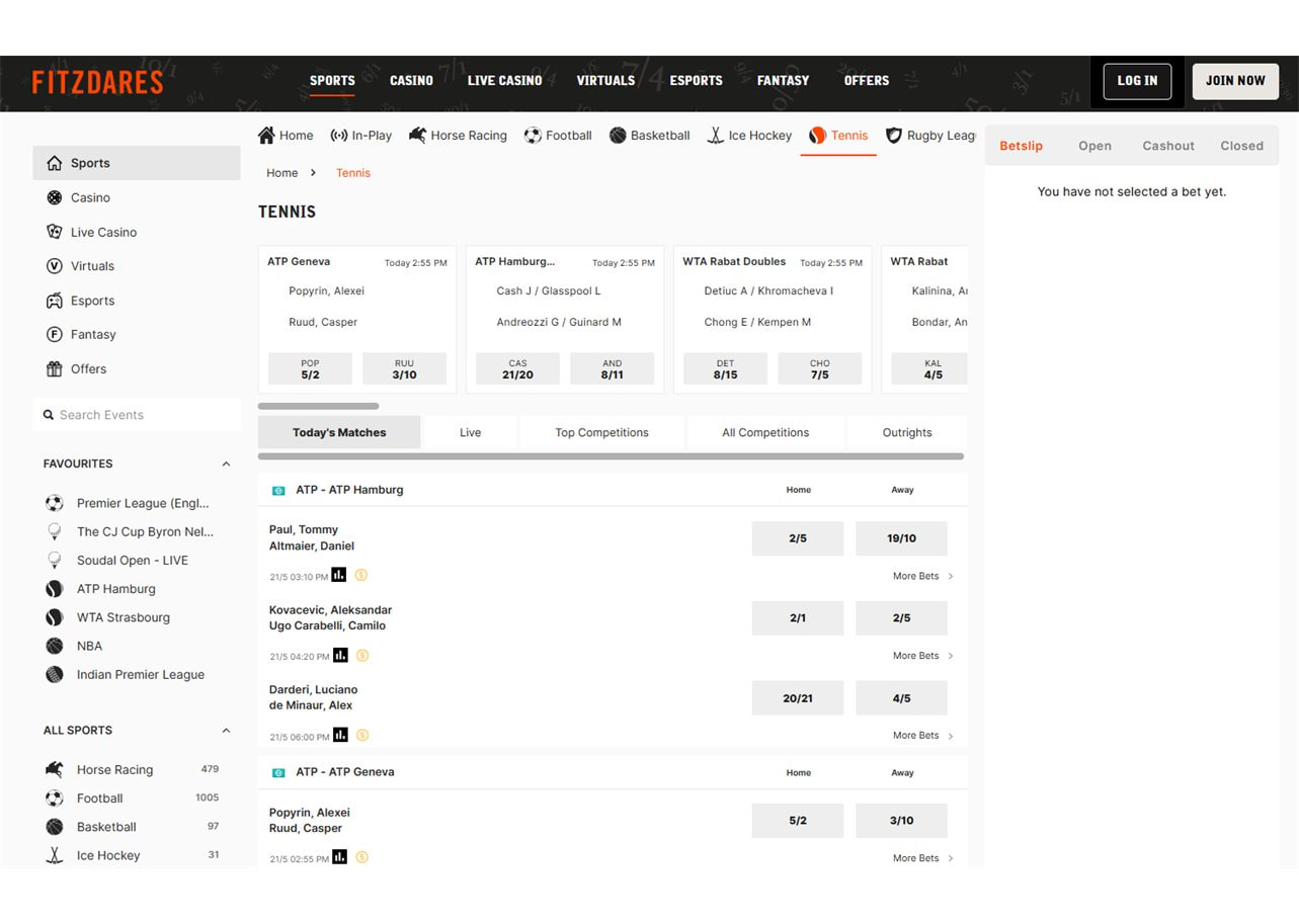 The Fitzdares tennis betting homepage