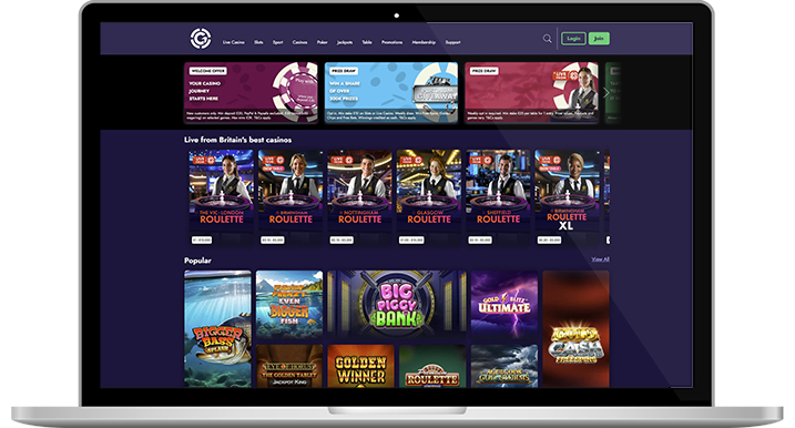 The Grosvenor casino homepage.