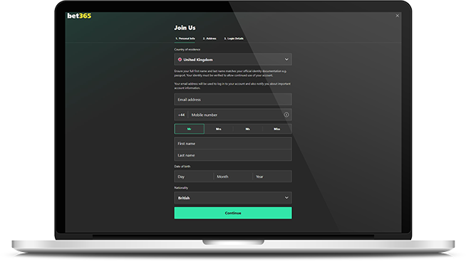 The account creation window at bet365
