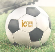 A football with the K8 sportsbook logo printed on the ball