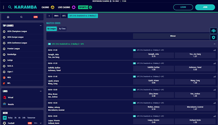 A view of the Karamba betting schedule