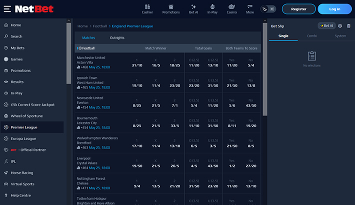 The NetBet live betting suite.