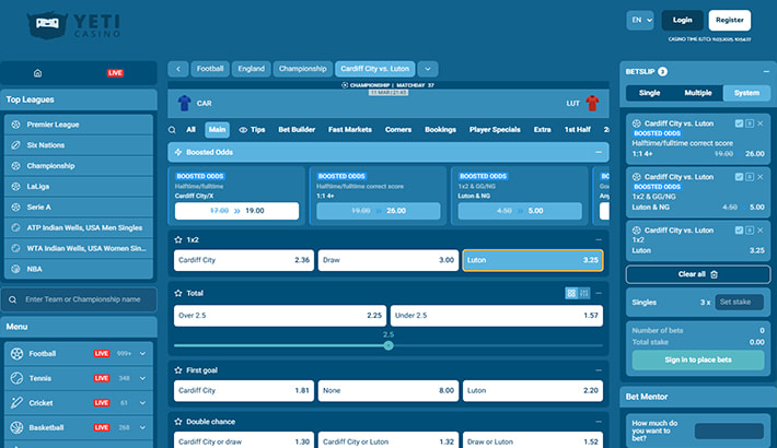 YetiBet main page of the site