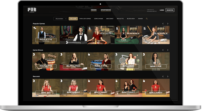 The Pub Casino casino homepage.