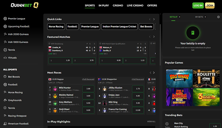 QuinnBet main page of the site