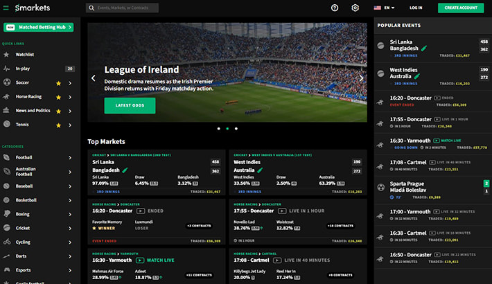 Smarkets homepage sports list
