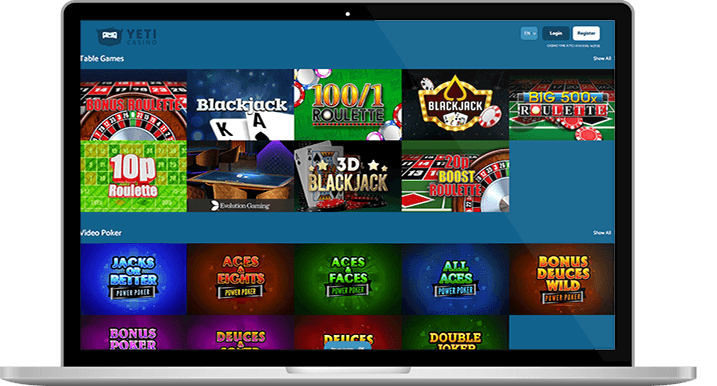 The Yetibet casino homepage.