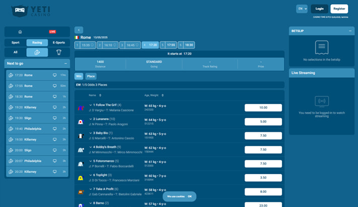 YetiBet horse racing page