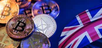 Cryptocurrency and the UK flag.