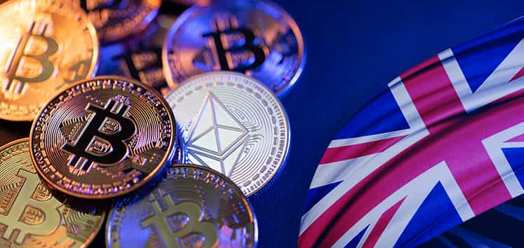 Cryptocurrency and the UK flag.