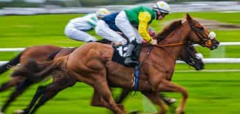 Two jockeys racing on their horses.