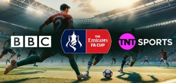 A picture of a football game with the FA Cup, BBC and TNT Sports logos representing the article's topic.