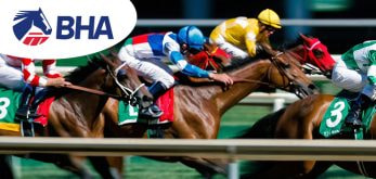 A picture of several horses racing with the BHA logo shown