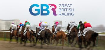 A picture of a horse race, there is the Great British Racing logo shown.