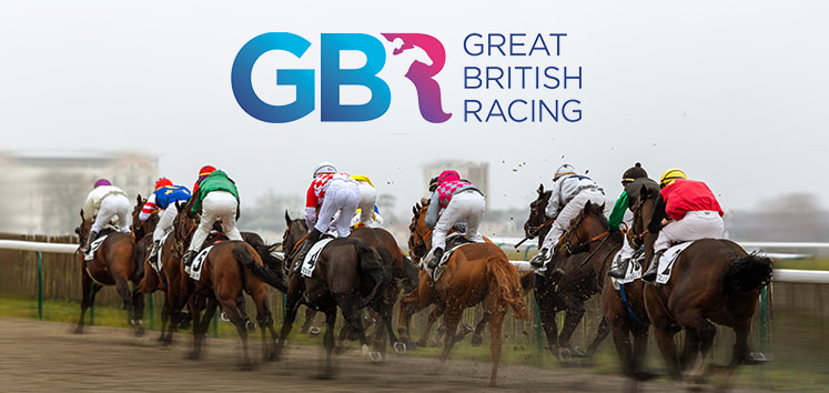 A picture of a horse race, there is the Great British Racing logo shown.