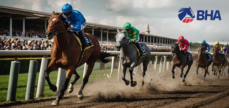 Image showing horse racing with the BHA logo, representing the article's topic.