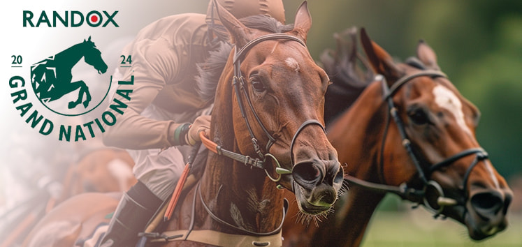 Image showing horses racing with the Grand National logo depicting the topic of the article