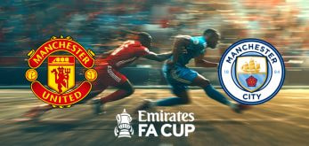 Image showing football with the Manchester United, Manchester City and FA Cup logos depicting the topic of the article