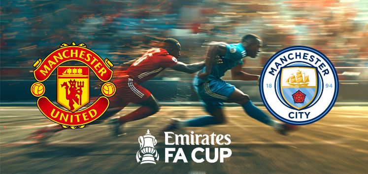 Image showing football with the Manchester United, Manchester City and FA Cup logos depicting the topic of the article