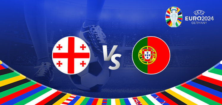 The image is a promotional graphic for the Euro 2024 football match between Georgia and Portugal. It prominently features the national flags of Georgia on the left and Portugal on the right, with a large "Vs" in the center indicating the matchup. In the background, there is a close-up of a player's legs and a football, symbolizing the competitive nature of the upcoming match. The stadium is illuminated under bright lights, creating an energetic and vibrant atmosphere. The Euro 2024 logo is displayed in the top right corner, emphasizing the branding of the tournament. The bottom of the image is decorated with a colorful border showcasing various national flags, adding to the festive and international spirit of the event.