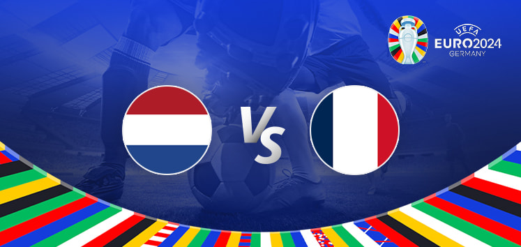 The image is a striking promotional graphic for the highly anticipated Euro 2024 clash between the Netherlands and France. Dominating the scene are the national flags: the Netherlands' vibrant red, white, and blue stripes on the left and France's bold blue, white, and red stripes on the right, flanking a prominent "Vs" in the center. The backdrop features a dramatic, floodlit football stadium, with an intense close-up of a player's leg and the ball at the bottom center. The Euro 2024 logo and "Germany" inscription stand proudly in the top right corner, while a dynamic array of national flags adorns the bottom edge, adding a splash of color and excitement.