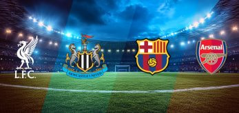 Image of a football stadium with four football club logos displayed in the foreground. From left to right, the logos are for Liverpool F.C., Newcastle United, FC Barcelona, and Arsenal. The stadium is illuminated with bright lights, and the sky is a deep blue, suggesting a nighttime scene.