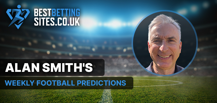 An advertisement banner for BestBettingSites.co.uk featuring Alan Smith's weekly football predictions, set against the backdrop of a brightly lit football stadium.