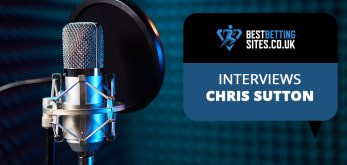 Professional microphone setup in a recording studio with a pop filter, alongside a graphic overlay reading "BestBettingSites.co.uk – Interviews: Chris Sutton.