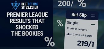 Premier League results that shocked the bookies - featuring Man City 0-4 Spurs at 219/1 odds on a betting slip graphic