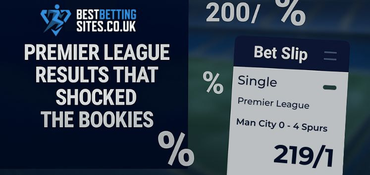 Premier League results that shocked the bookies - featuring Man City 0-4 Spurs at 219/1 odds on a betting slip graphic