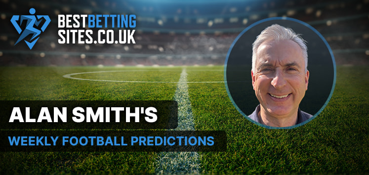 The image features a football stadium background with a green pitch and a blurred crowd in the stands. In the foreground, there is a circular inset showing part of a person's head with grey hair. The text overlay reads "BestBettingSites.co.uk" at the top left and "Alan Smith's Weekly Football Predictions" below it, with "Alan Smith's" in bold white letters and "Weekly Football Predictions" in smaller blue letters.