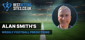 The image features a promotional graphic for "Best Betting Sites" with a football stadium in the background. It includes the text "Alan Smith's Weekly Football Predictions" in bold letters on the left side.