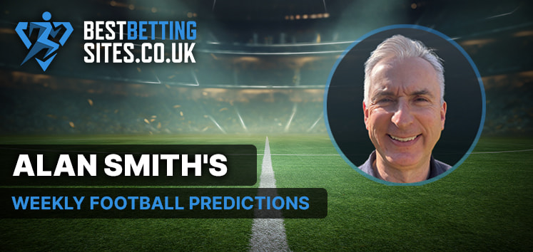 The image features a promotional graphic for "Best Betting Sites" with a football stadium in the background. It includes the text "Alan Smith's Weekly Football Predictions" in bold letters on the left side.