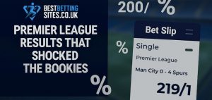 Premier League results that shocked the bookies - featuring Man City 0-4 Spurs at 219/1 odds on a betting slip graphic