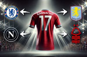 The image features a red football jersey with the name "Garnacho" and the number 17 on the back, illuminated by spotlights in a stadium setting. Surrounding the jersey are four football club logos, each connected with white arrows pointing towards the jersey. On the top left is the emblem of Chelsea Football Club, displaying the iconic blue lion. On the top right is the emblem of Aston Villa, featuring a lion with a claret and blue colour scheme. On the bottom left is the logo of Napoli, represented by a stylised 'N' within a circle. On the bottom right is the emblem of Nottingham Forest, featuring a stylised tree and river design. The scene suggests a focus on a transfer or interest from multiple clubs.