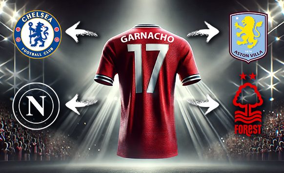 The image features a red football jersey with the name "Garnacho" and the number 17 on the back, illuminated by spotlights in a stadium setting. Surrounding the jersey are four football club logos, each connected with white arrows pointing towards the jersey. On the top left is the emblem of Chelsea Football Club, displaying the iconic blue lion. On the top right is the emblem of Aston Villa, featuring a lion with a claret and blue colour scheme. On the bottom left is the logo of Napoli, represented by a stylised 'N' within a circle. On the bottom right is the emblem of Nottingham Forest, featuring a stylised tree and river design. The scene suggests a focus on a transfer or interest from multiple clubs.