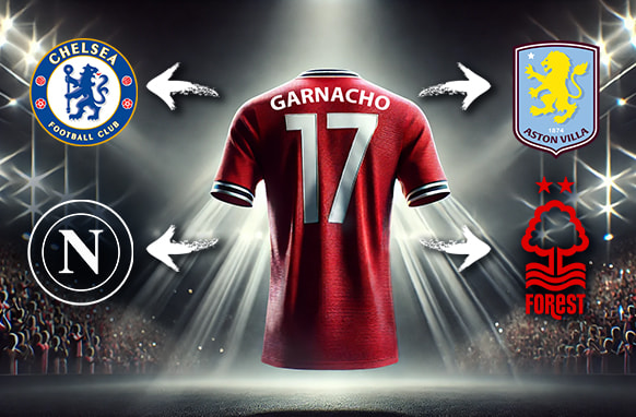 The image features a red football jersey with the name "Garnacho" and the number 17 on the back, illuminated by spotlights in a stadium setting. Surrounding the jersey are four football club logos, each connected with white arrows pointing towards the jersey. On the top left is the emblem of Chelsea Football Club, displaying the iconic blue lion. On the top right is the emblem of Aston Villa, featuring a lion with a claret and blue colour scheme. On the bottom left is the logo of Napoli, represented by a stylised 'N' within a circle. On the bottom right is the emblem of Nottingham Forest, featuring a stylised tree and river design. The scene suggests a focus on a transfer or interest from multiple clubs.