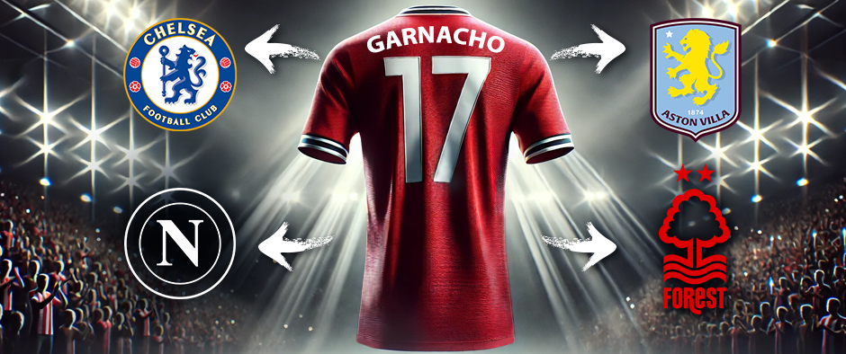  The image features a red football jersey with the name "Garnacho" and the number 17 prominently displayed on the back, illuminated by bright stadium lights. Surrounding the jersey are four football club logos, each with a white arrow pointing towards the jersey. The top left shows the Chelsea Football Club emblem, with its distinctive blue lion. The top right displays the Aston Villa emblem, featuring a lion against a claret and blue background. The bottom left has the Napoli logo, represented by a stylised 'N' within a circle. The bottom right presents the Nottingham Forest emblem, characterised by a stylised tree and river design. The arrangement suggests potential transfer interest or options involving these clubs.