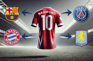 The image features a red football shirt with the name "Rashford" and the number 10 on the back, centred in a stadium setting. Surrounding the shirt are the logos of four football clubs: FC Barcelona on the top left, Paris Saint-Germain on the top right, FC Bayern Munich on the bottom left, and Aston Villa on the bottom right. Each logo is connected to the shirt by an arrow, suggesting transfer interest or speculation.