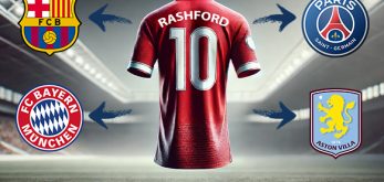The image features a red football shirt with the name "Rashford" and the number 10 on the back, centred in a stadium setting. Surrounding the shirt are the logos of four football clubs: FC Barcelona on the top left, Paris Saint-Germain on the top right, FC Bayern Munich on the bottom left, and Aston Villa on the bottom right. Each logo is connected to the shirt by an arrow, suggesting transfer interest or speculation.