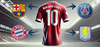 The image displays a red football shirt with the name "Rashford" and the number 10 on the back, positioned in the centre of a stadium. Around the shirt are the logos of four football clubs: FC Barcelona at the top left, Paris Saint-Germain at the top right, FC Bayern Munich at the bottom left, and Aston Villa at the bottom right. Arrows point from each club logo towards the shirt, indicating possible transfer interest or speculation.