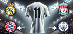 This image features a soccer jersey with the number "11" on the back, placed in the centre. Surrounding the jersey are the logos of four major European football clubs: Real Madrid, Liverpool, Bayern Munich, and Manchester City, each pointing toward the shirt with arrows. The background has a dramatic stadium lighting effect, creating an energetic and professional sports atmosphere. The design suggests speculation or rumours about a player potentially joining one of these top clubs.
