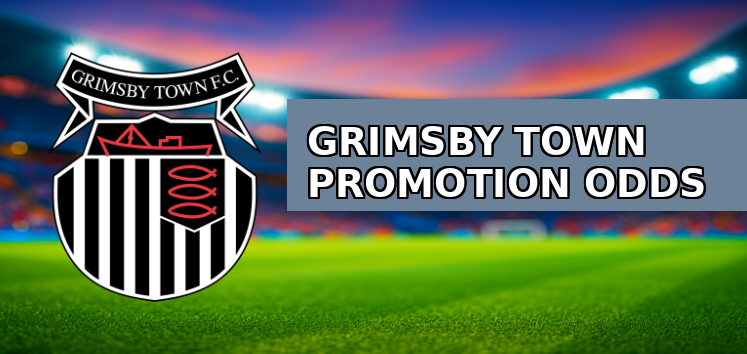The image shows the logo of the English football club Grimsby Town FC displayed on the left side. The logo features a black and white shield with vertical stripes, red fish, and a stylized trawler ship at the top, with the text "Grimsby Town F.C." in a banner above the shield. To the right of the logo, the text "GRIMSBY TOWN PROMOTION ODDS" is prominently displayed in white capital letters. The background depicts a blurred football pitch with vibrant green grass and stadium lights, under a colorful sky transitioning from pink and orange to blue, creating a lively and dynamic atmosphere.