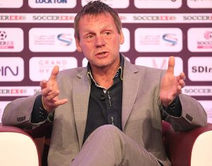 Former England manager Stuart Pearce speaks at an event in Doha