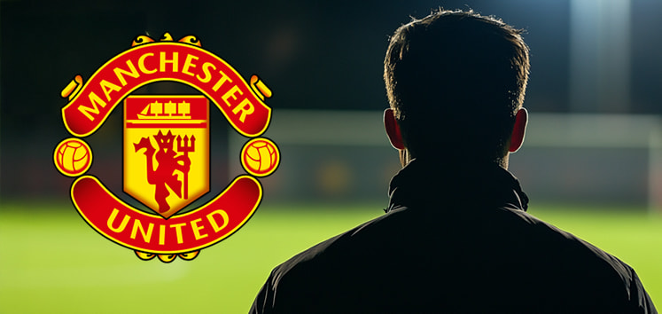 The image shows the logo of the Premier League football club Manchester United displayed prominently. The Manchester United logo is on the left side, featuring a red and gold shield with intricate designs including a ship at the top, a devil holding a trident in the center, and two footballs on either side. The words "Manchester" and "United" are written in a circular design around the shield. To the right of the logo, there is the silhouette of a person viewed from the back, standing in what appears to be a football pitch or a stadium setting, illuminated by bright stadium lights. The person's details are not visible, creating a mysterious and intense atmosphere.